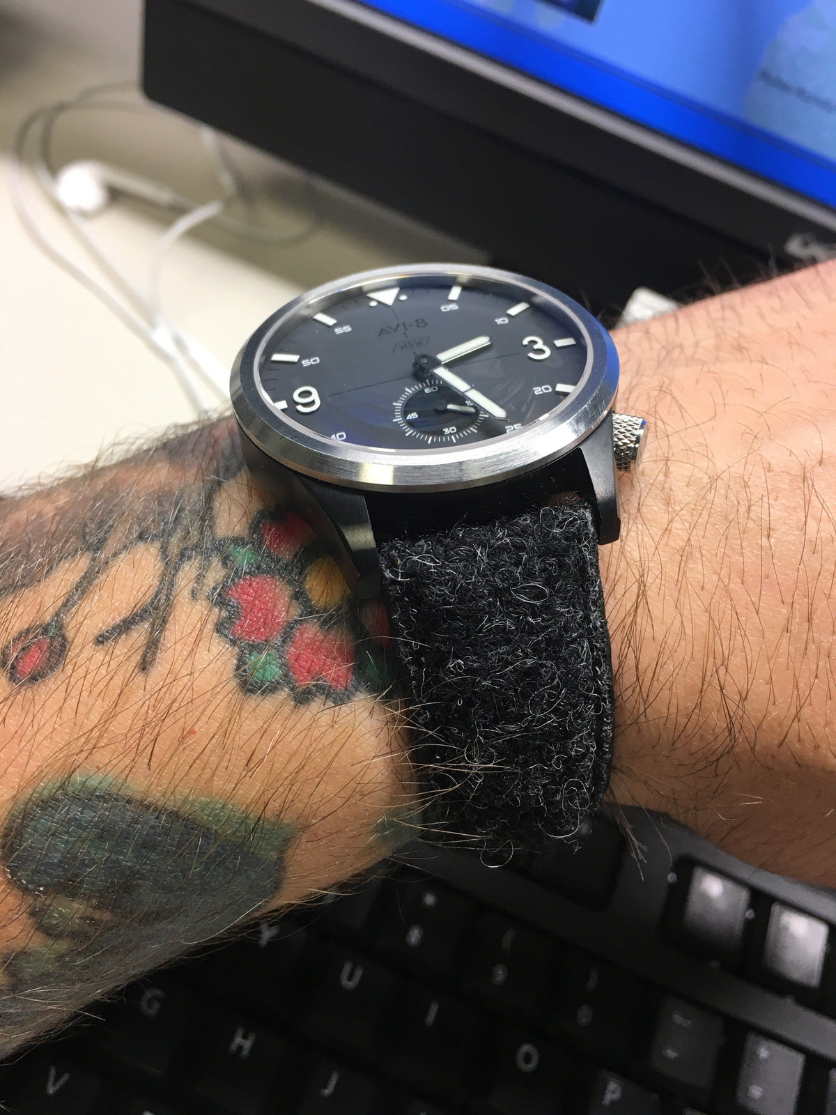 AVI-8 watch on coal black Harris Tweed watch strap by #varioeveryday member Charlie Lashley