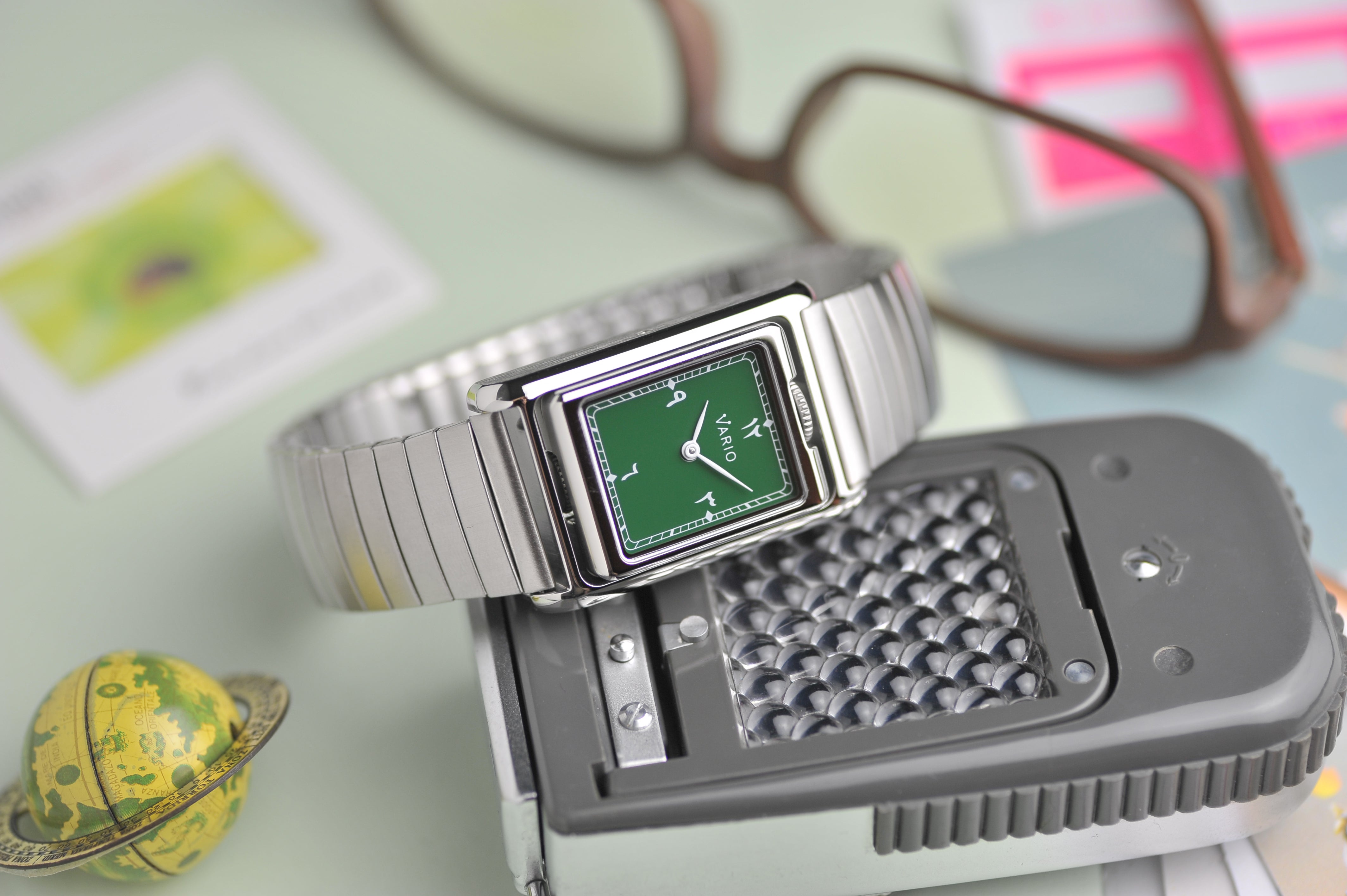 vario versa dual time reversible rectangle eastern arabic gunmetal green watch