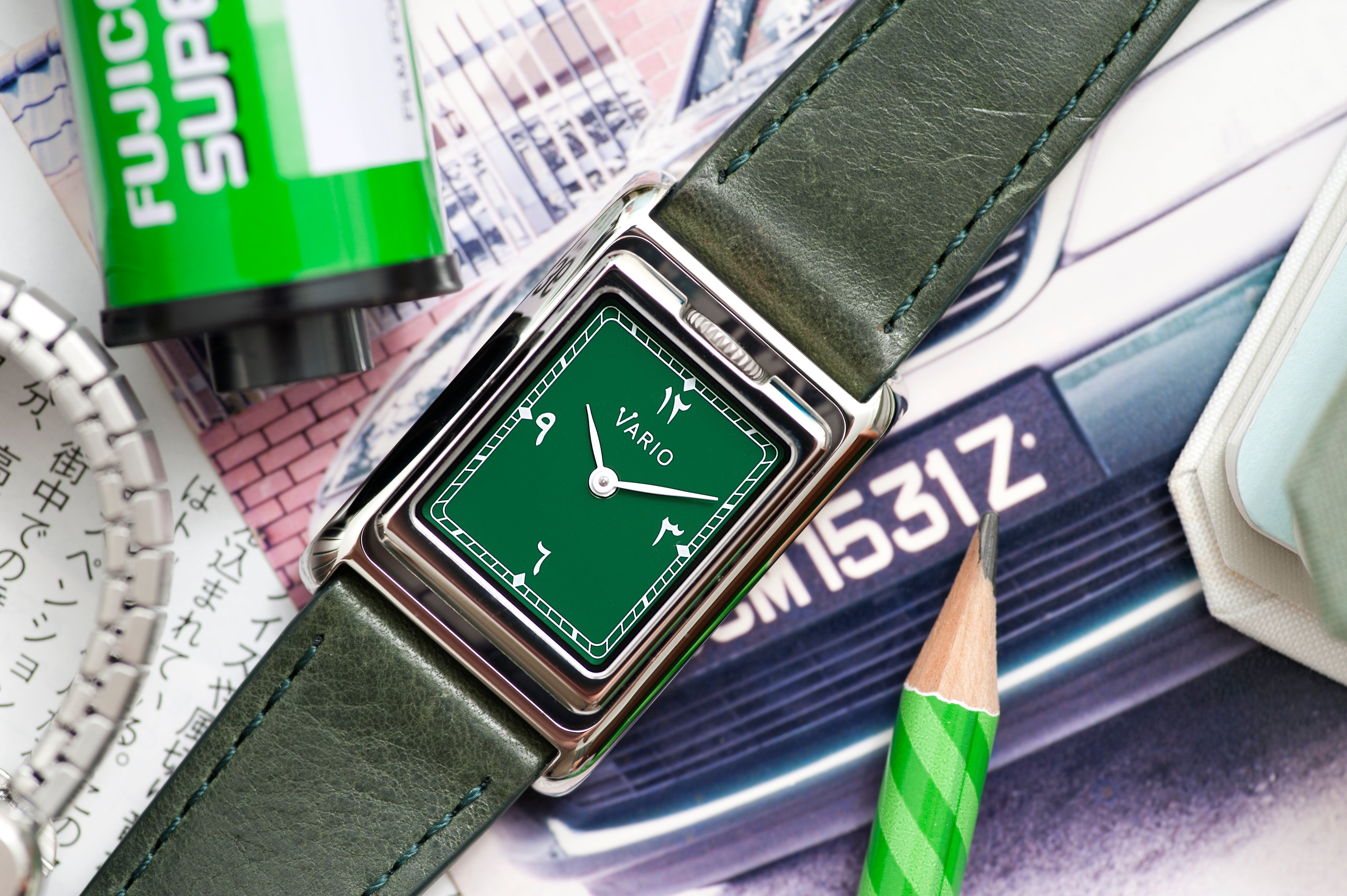 vario versa dual time reversible rectangle eastern arabic gunmetal green watch