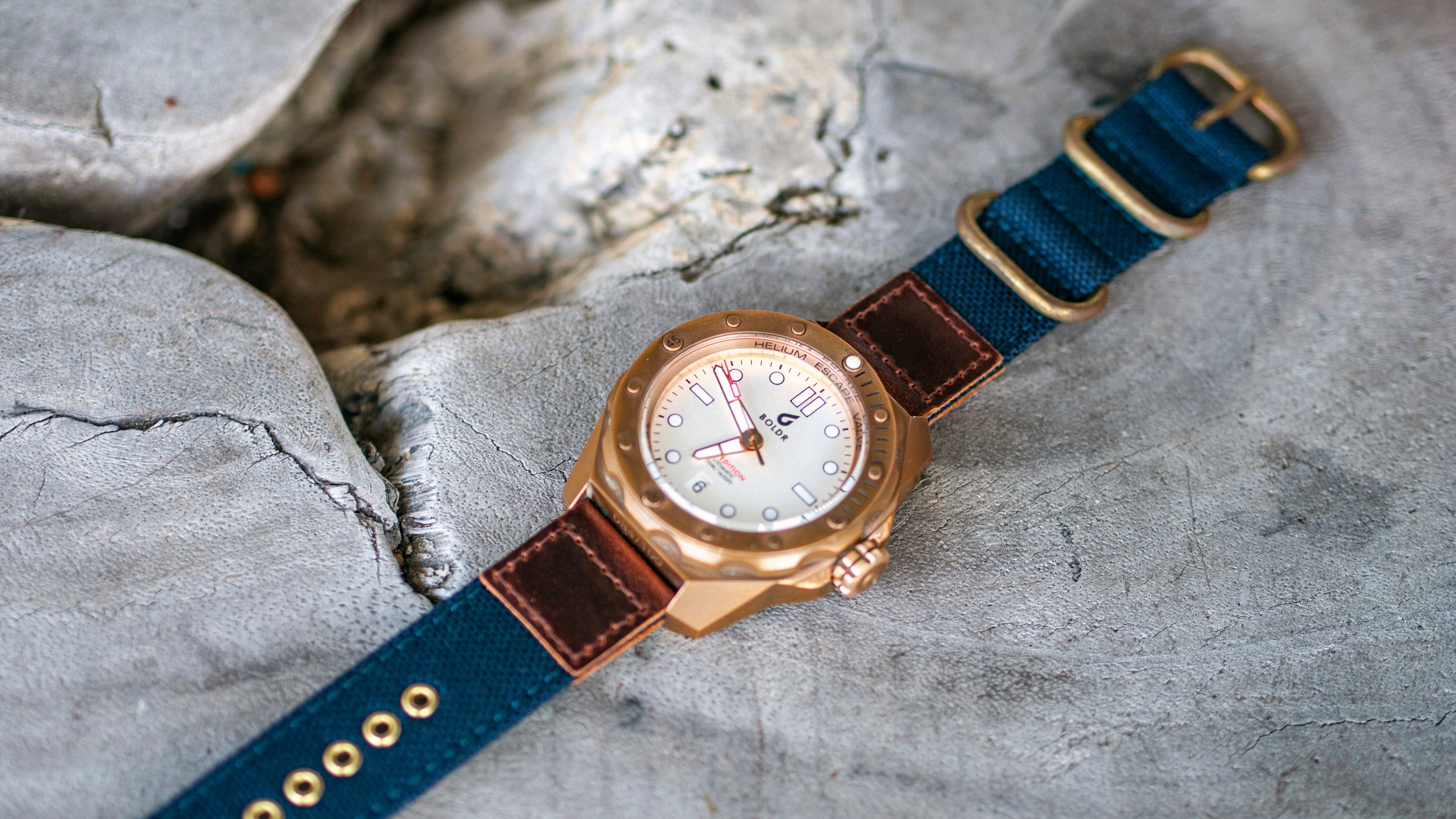 boldr bronze watch with vario brass cordura leather watch strap