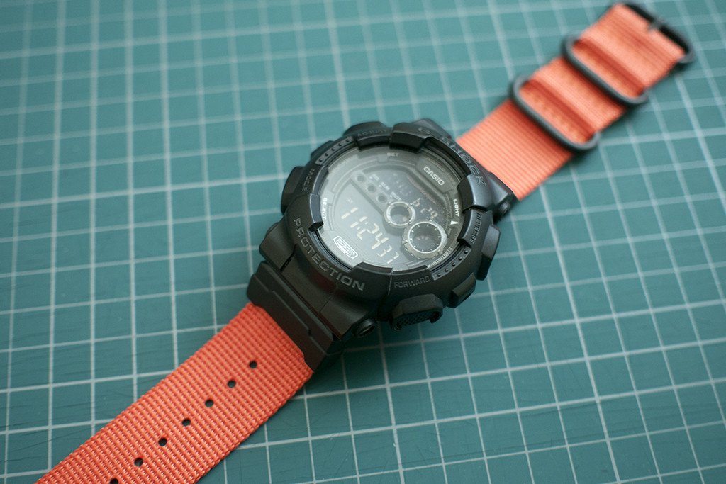 gshock gd100 with casio adapter and vario ballistic nylon strap orange