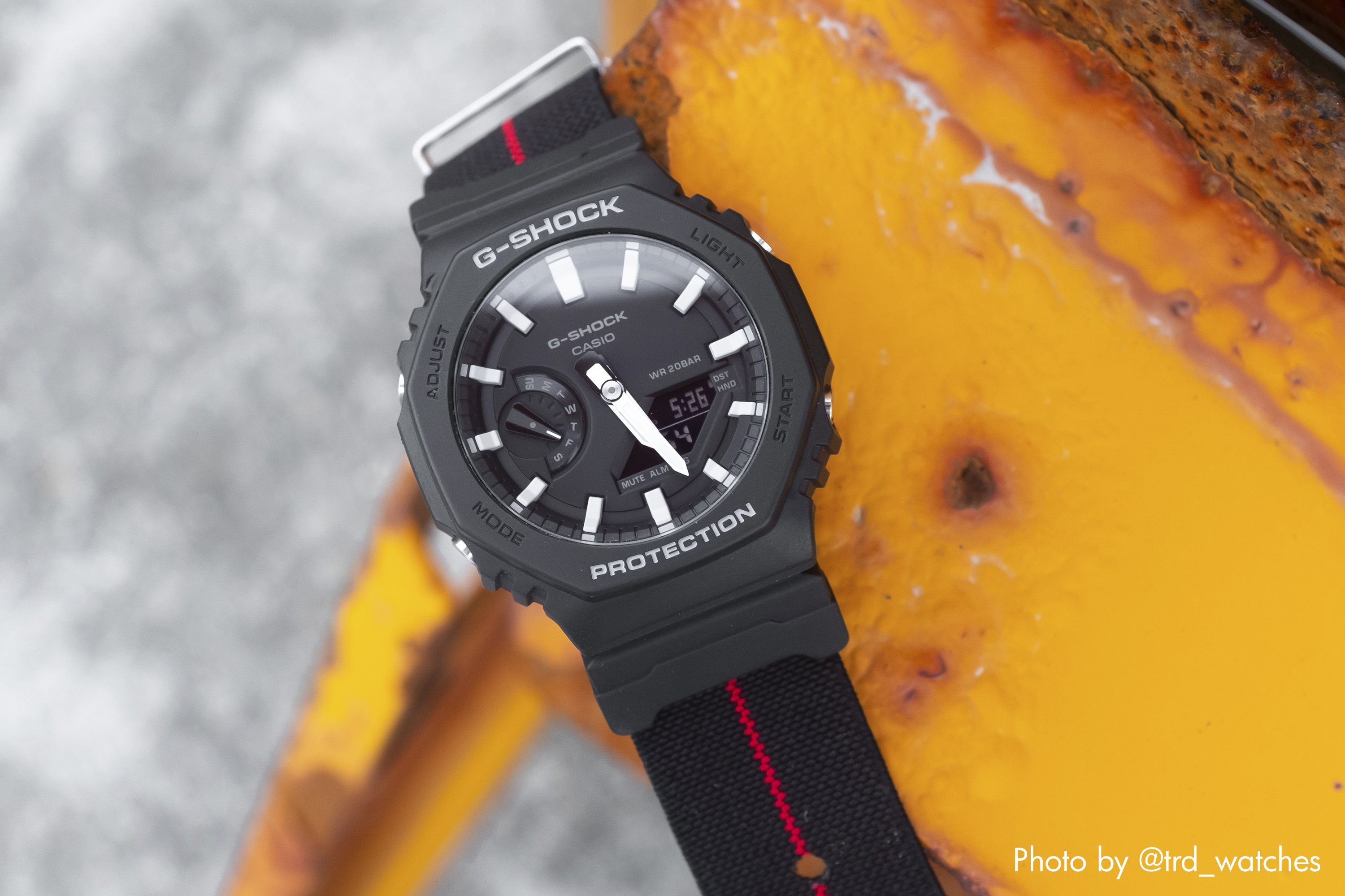 Elastic Nylon Coal Black / Crimson Divider Watch Strap with G-Shock Compatible Adapter and Spring Bar Tool