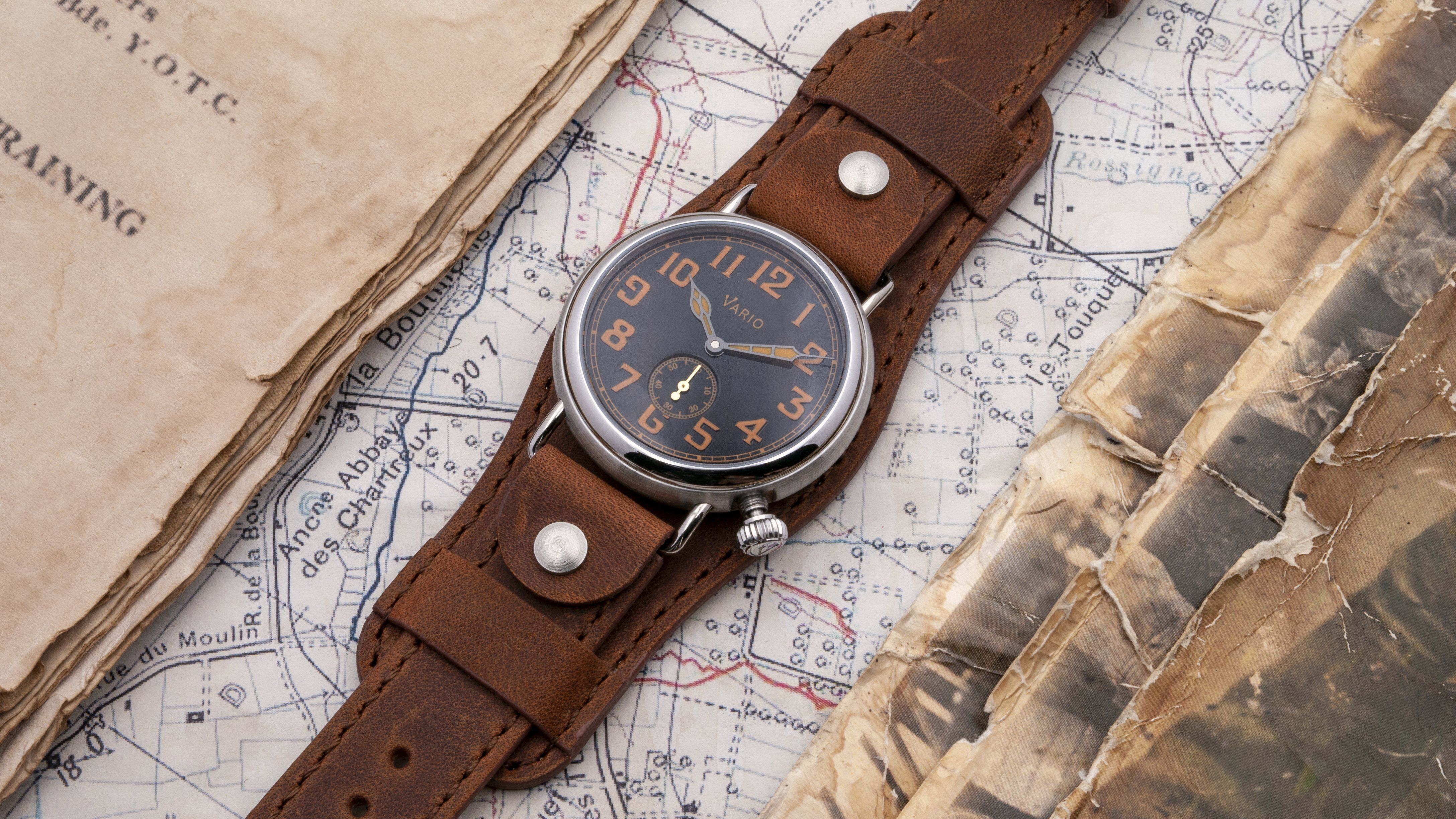 vario 1918 trench field watch black dial orange lume 37mm ww1