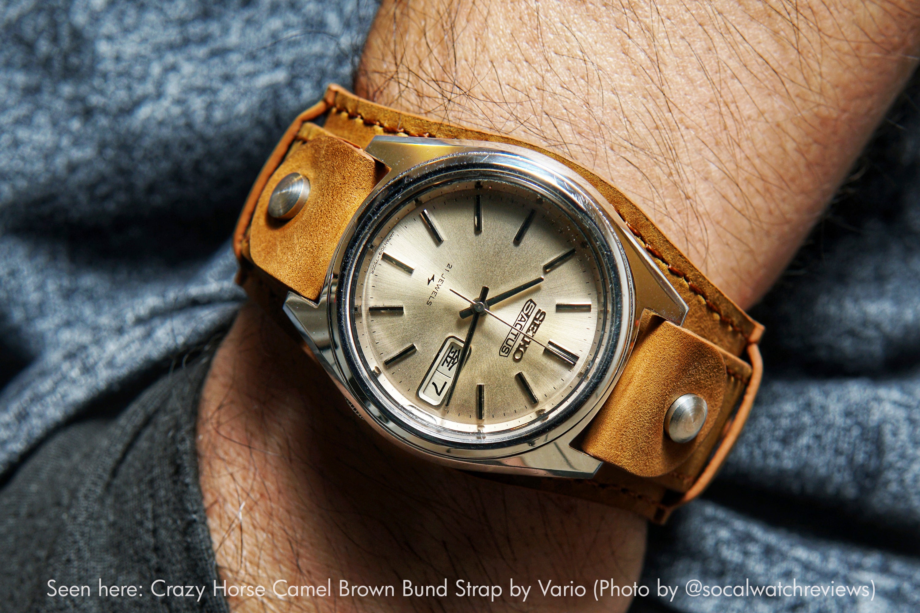 vario crazy horse leather watch strap on Seiko 5 watch