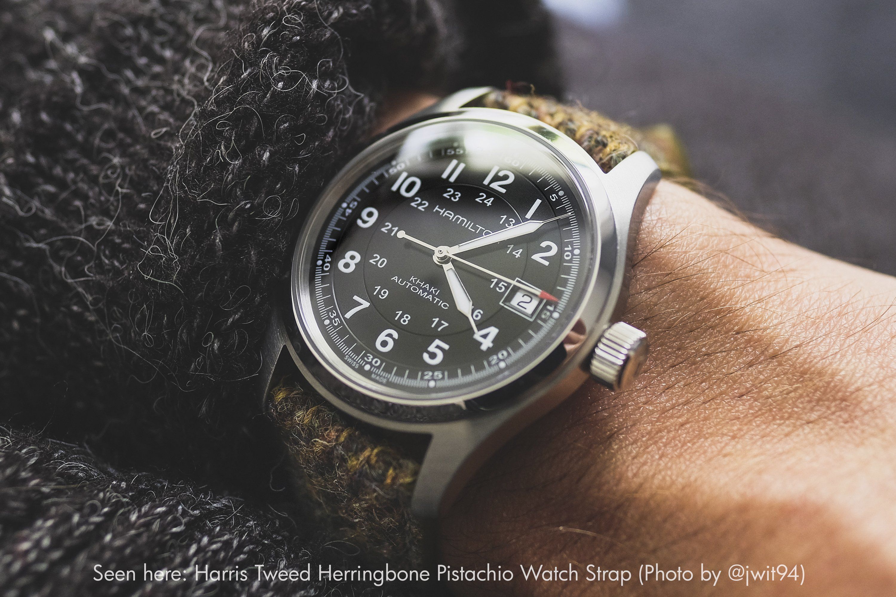 vario harris tweed herringbone watch band on hamilton khaki watch