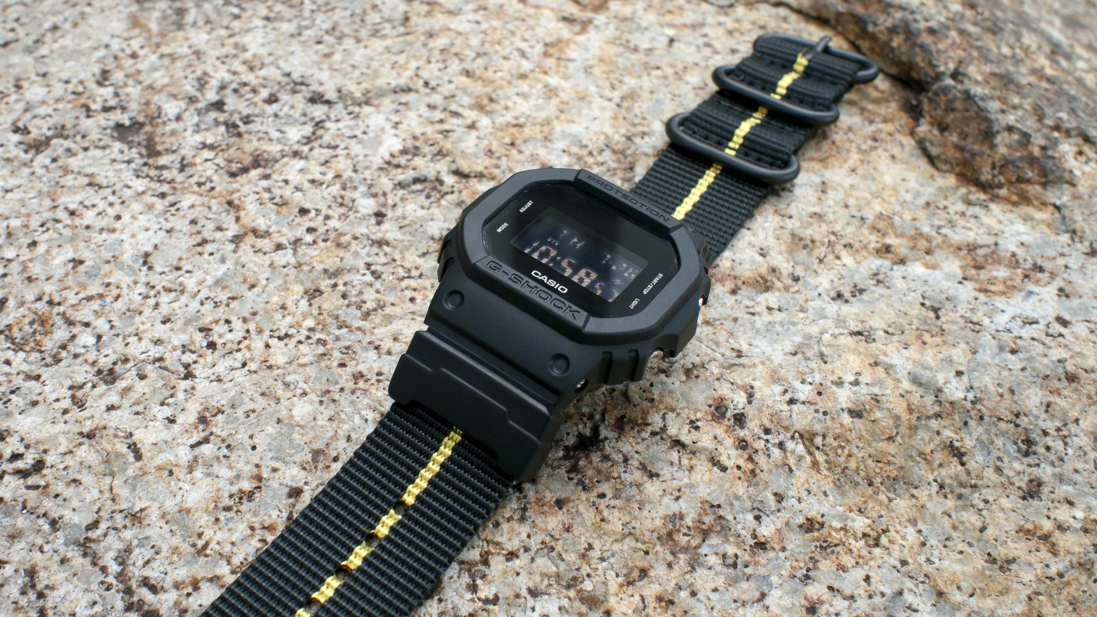 gshock dw5600 vario ballistic nylon yellow black stripe maratac strap with casio g shock adapter