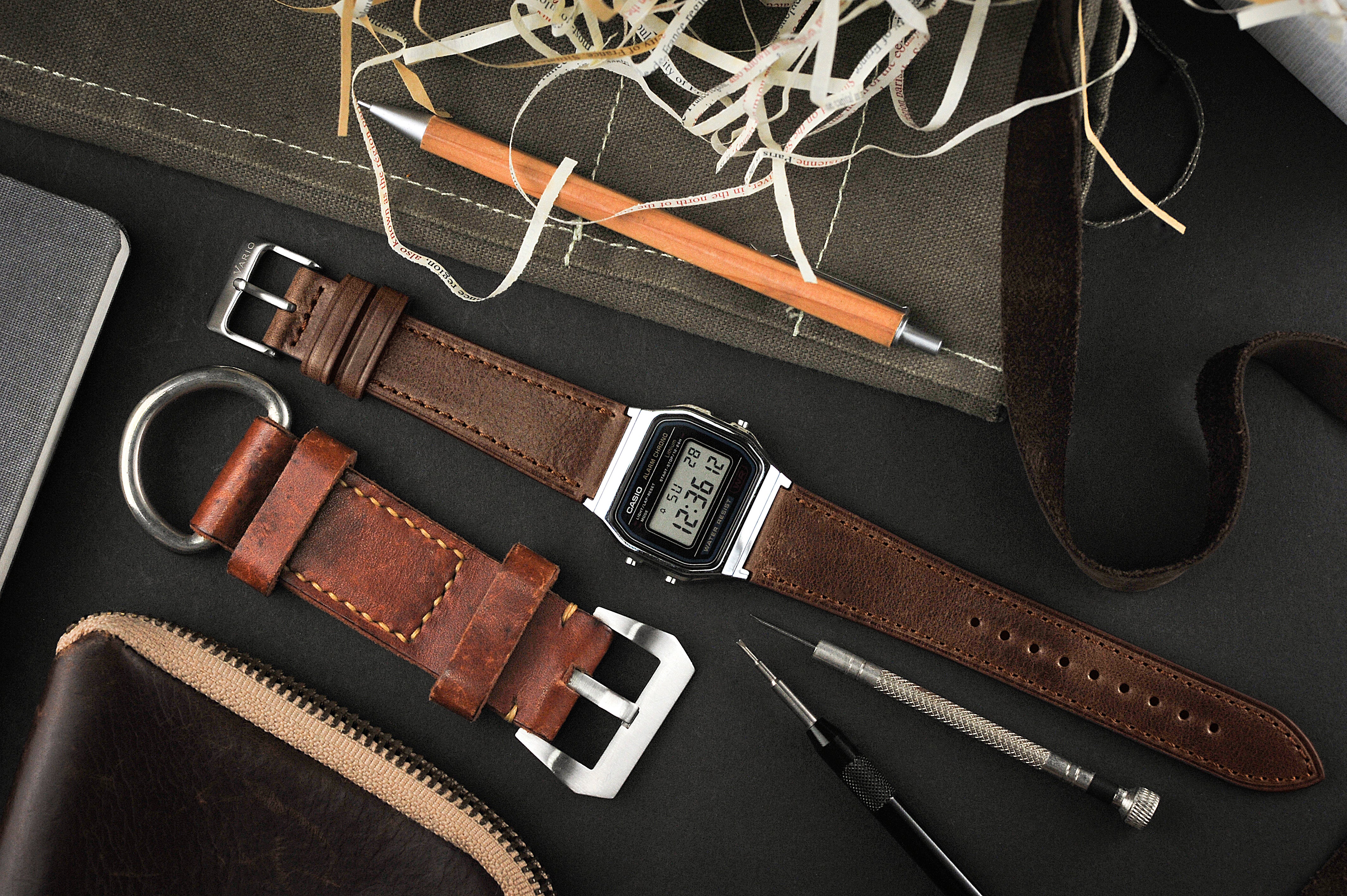 Top Grain Russet Brown Leather Watch Strap for Casio F91W & Timex Q Watch