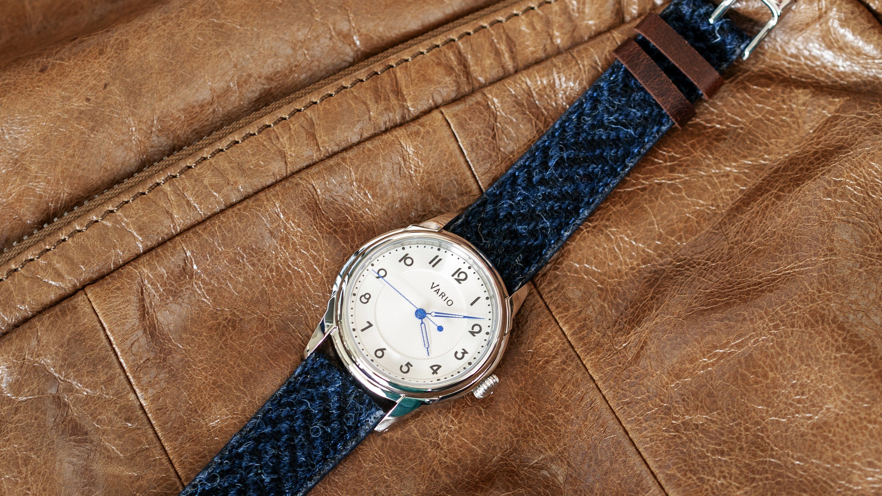 vario empire dress watch with harris tweed herringbone watch strap