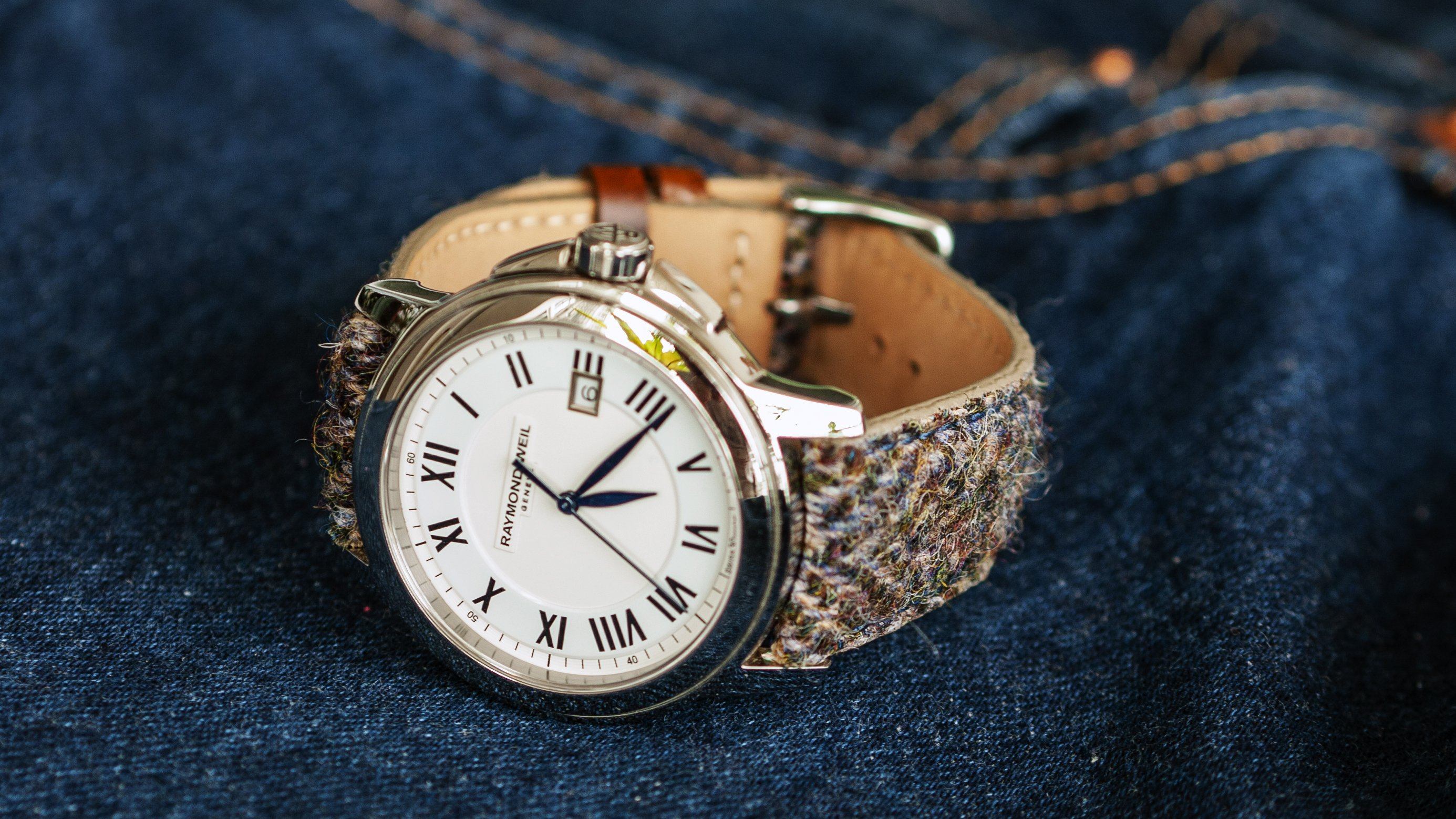 vario harris tweed herringbone watch strap on raymond weil watch