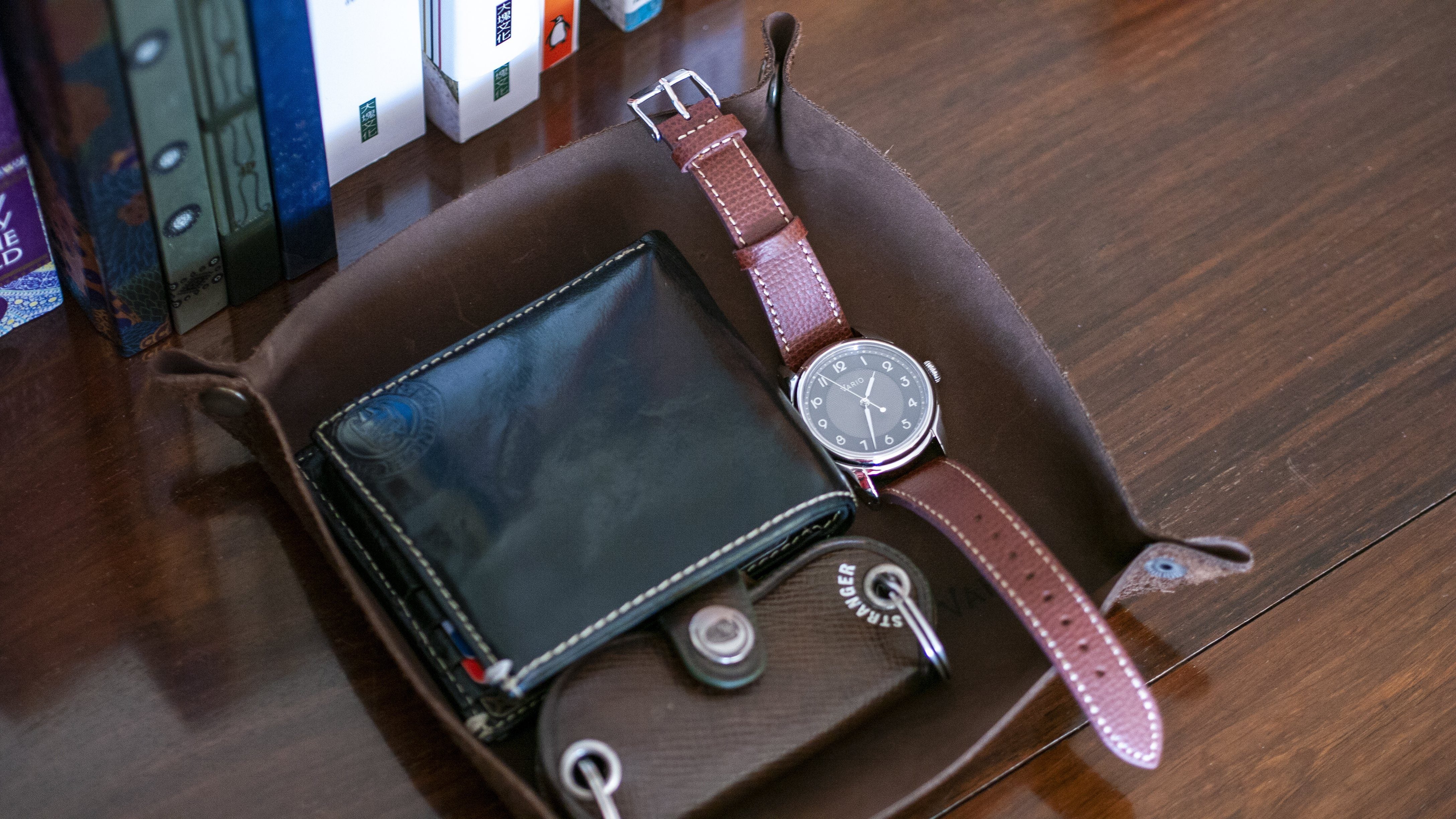 Belarusian Hickory Brown Leather Valet Tray for Watch, Keys, Accessories