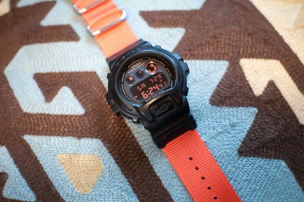 gshock dw6900 with vario watch strap and casio adapter orange