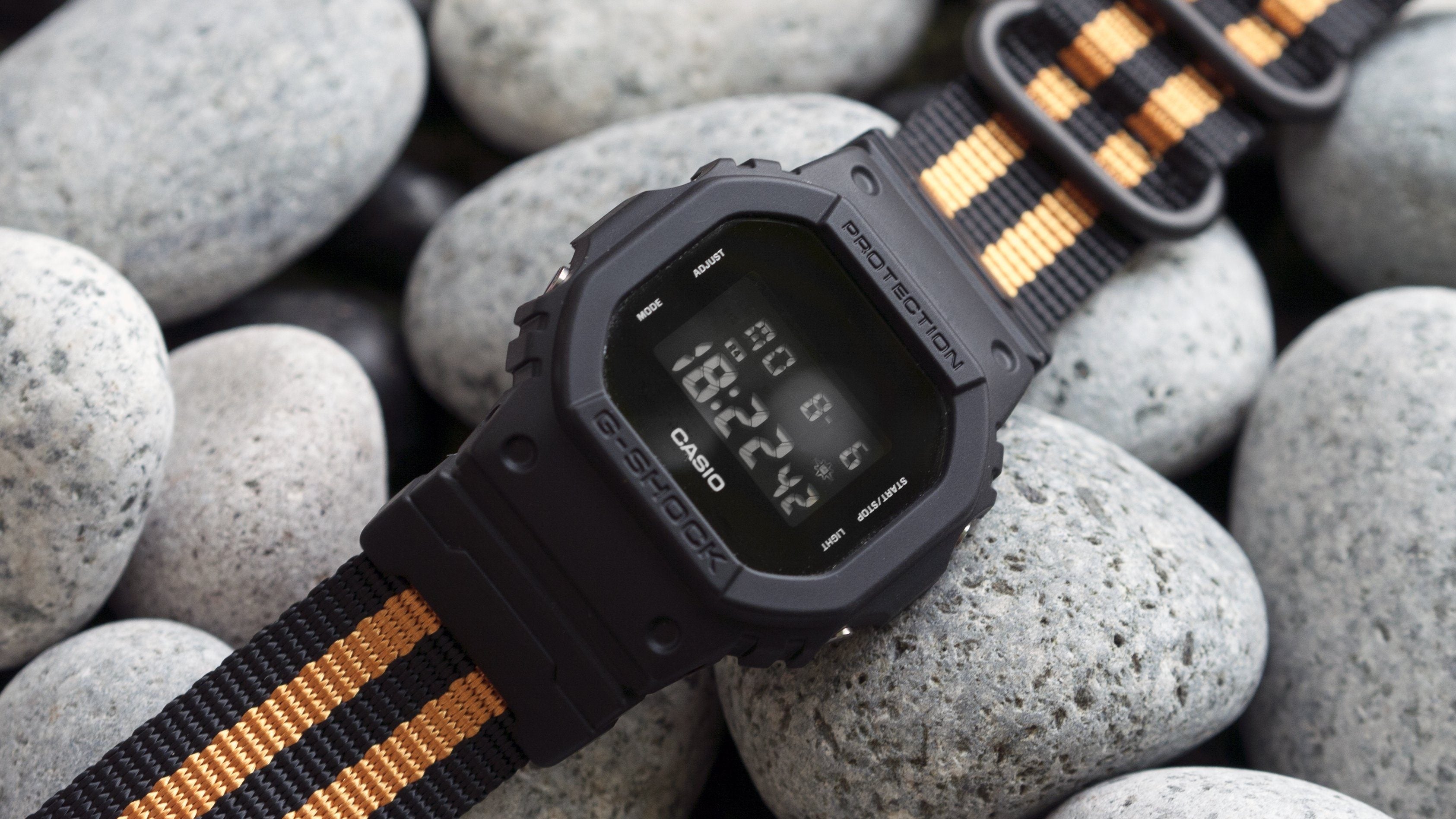 gshock dw5600 vario ballistic nylon orange black stripe maratac strap with casio g shock adapter