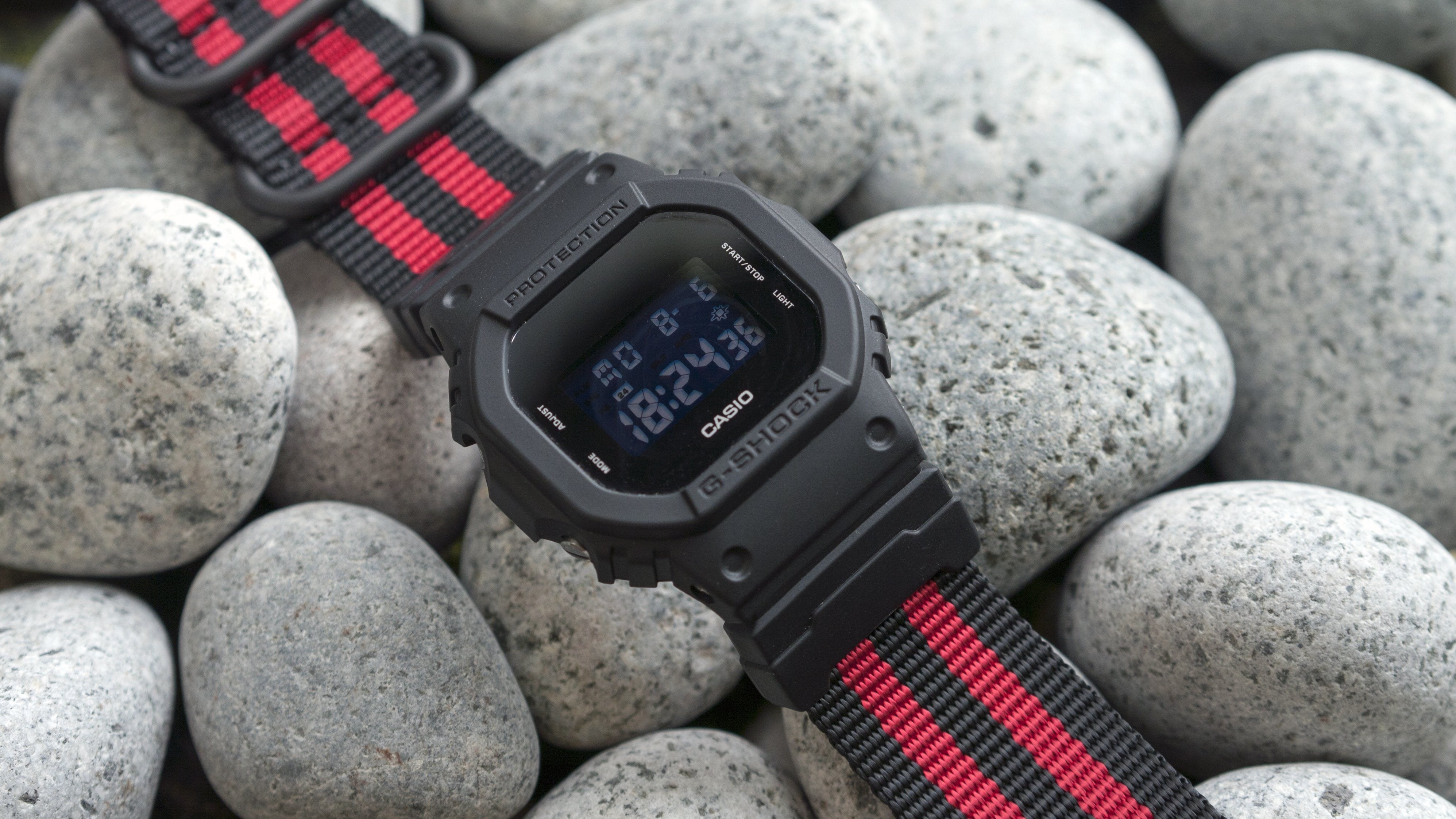 gshock dw5600 vario ballistic nylon red black stripe maratac strap with casio g shock adapter