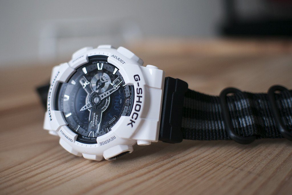 g-shock ga110 with vario ballistic black and grey stripe replacement strap and casio adapter