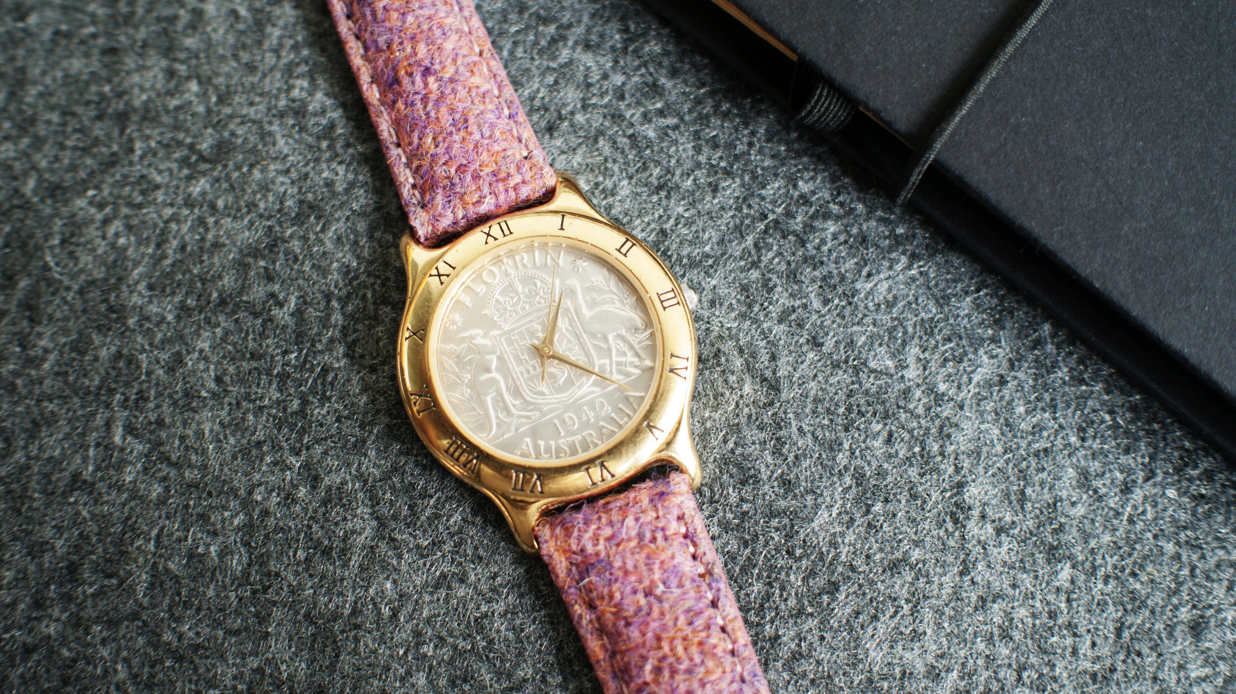 vario Harris Tweed Bubble gum pink Watch Strap with australian coin watch
